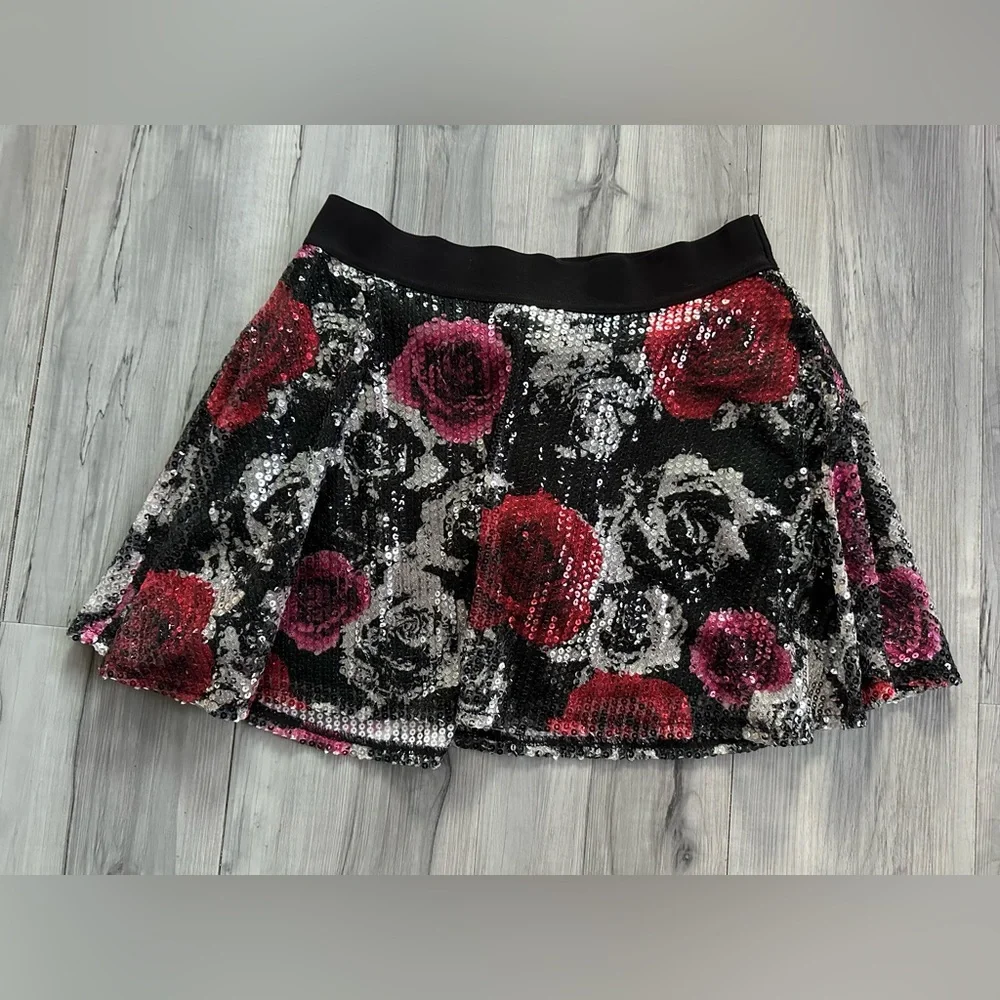 JUSTICE Skort Juniors Size 16 Women’s S SEQUINED SKATER‎ Skirt ROSES Red Silver